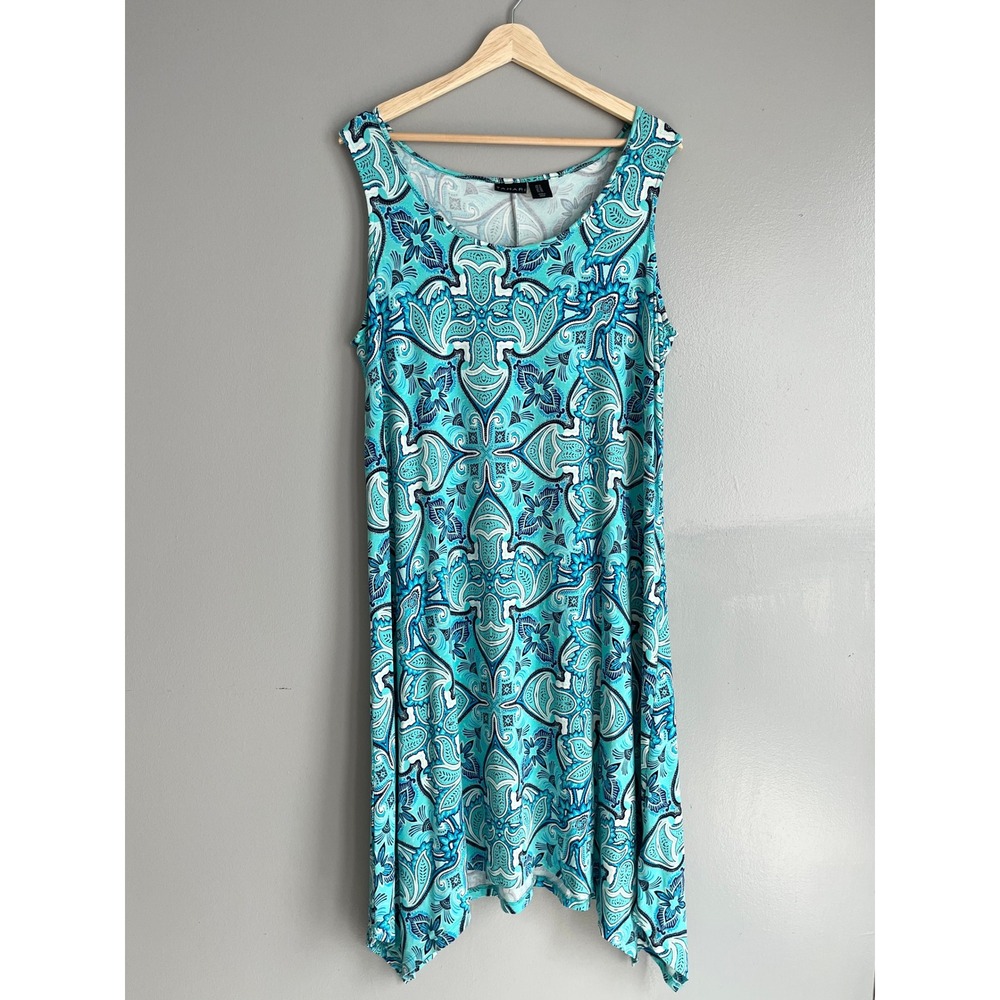Tahari Blue Paisley Sharkbite Hem Sleeveless Knit Dress Beach Flowy Coastal 1X